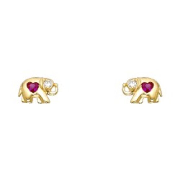 14K Gold Elephant Earrings Red CZ Stud Screw back